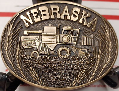 #ad Nebraska Brass Belt Buckle Harvester Farmer Tractor Made in U.S.A. 1980#x27;s NOS $35.99