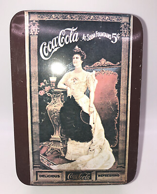 #ad COCA COLA quot;At Soda Fountain 5 centsquot; Hinged Tin empty Vintage Collectible $10.99