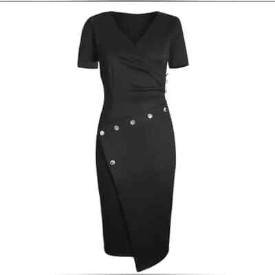 #ad GSW Women#x27;s Black V Neck Size XL Gold Button Detail Zip Back Party Dress NWOT $34.00