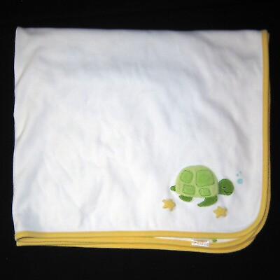 #ad 2005 Gymboree White Cotton Baby Blanket Sea Turtle w Starfish Yellow Trim $42.98