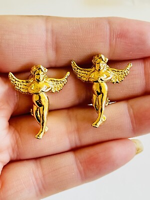 #ad VTG Karl Lagerfeld Angel Cupid Earrings Signed Gold clip Gilt Rare Designer Real $175.00