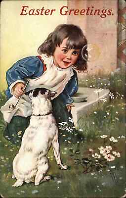 #ad G.A. Novelty Art Series Little Girl with Puppy Dog Blowing Bubbles c1910 PC $8.90