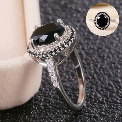 #ad Size 6 10 Wedding Fashion Cut Black Sapphire Oval 2.35ct 925 Silver Ring New $2.59