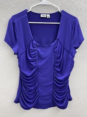 #ad Womens Cato Purple Ruffled Chest Short Sleeve Shirt Size Large $12.98