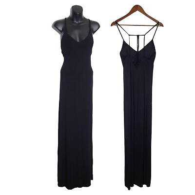 #ad Fabletics Womens Small Evelyn V Neck Maxi Dress Black Summer Strappy Shelf Bra $19.99