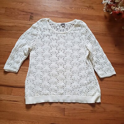 #ad J. JILL Women#x27;s White 3 4 Sleeve Crochet Knit Woven Pullover Sweater XL $28.00