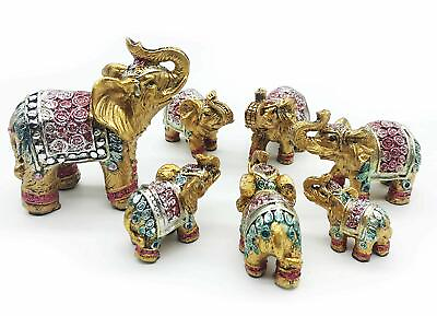 #ad Set of 7 pcs Vintage Golden Indian Elephant Family Statues Wealth Lucky Figurine $21.99