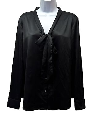 #ad Brooks Brothers Women#x27;s 16 Black Satin Bow Neck Button Front Long Sleeve Blouse $23.76