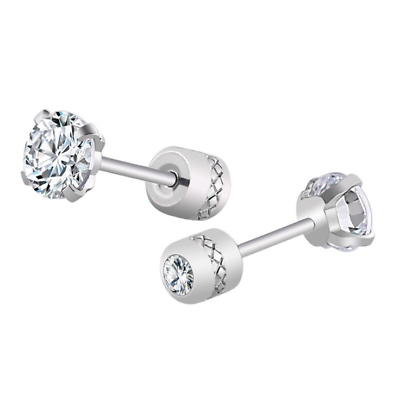 #ad Women Men Silver Stainless Steel Round CZ Stud Earrings Screw Back Gift PE30 $6.95
