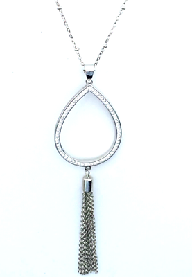 #ad Long Pave Rhinestone Silver Plated Teardrop Chain Tassel Pendant Necklace $14.99