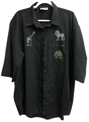 #ad Get Lucky black buttoned embellished lion giraffe elephant 3 4 sleeve top 1X $14.99