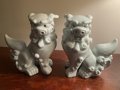 #ad Pale Celadon Color Glazed Porcelain Foo Dogs EXCELLENT VTG CONDITION 6” Pair $149.00