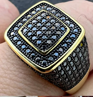 #ad Men#x27;s 3Ct Round Lab Created Black Diamond Wedding Ring 14K Yellow Gold Plated $159.99