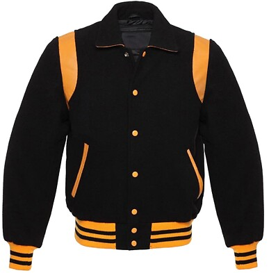 #ad Retro Varsity Baseball Bomber College black Jacket with Wool and Leather Stripes $89.00