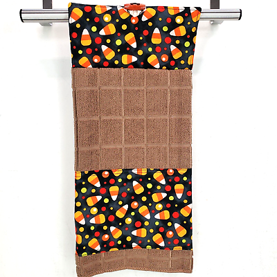 #ad Handmade Kitchen Hanging Towel Brown Halloween Candy Corn Button Closure New $11.69