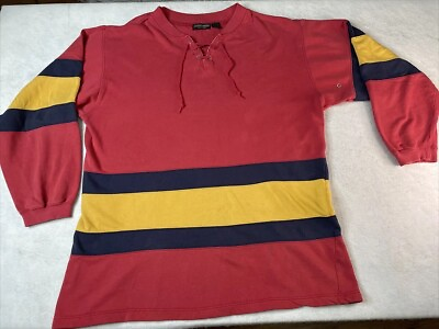 #ad J Peterman Faded Distressed Rugby Henley Sweatshirt Mens L Red Striped $30.80