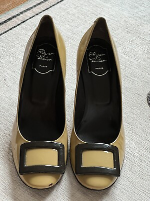 #ad ROGER VIVIER Pumps Enamel Leather Square Motif Heel Shoes Size 39.5 Beige Brown $68.00