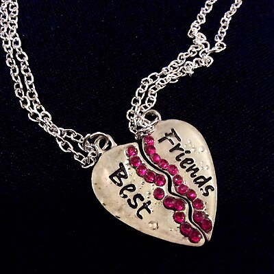 #ad Best Friends Chain Necklaces Set Of 2 Half Heart Pendants w Hot Pink Gemstones $10.00