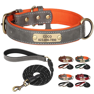 #ad Soft Leather Padded Dog Collar and Leash Set Custom Pet Name ID Adjustable XS XL $16.69