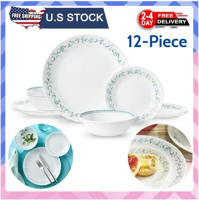 #ad Corelle Country Cottage White and Blue 12 Piece Dinnerware Set $33.96