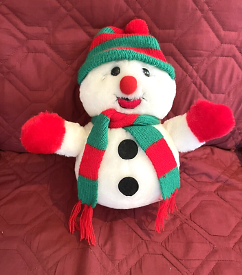 #ad Snowman Plush Red Nose amp; Mittens Green amp; Red Knitted Hat amp; Scarf Stuffed Animal $14.99
