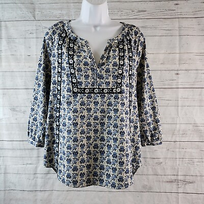 #ad Beach Lunch Lounge Womens Popover Top Sz Medium Blue Floral 3 4 Sleeve $10.79