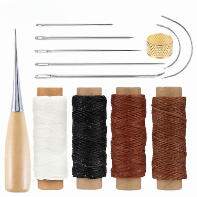 #ad Leather Sewing Kit Waxed Thread Leather Needle Sewing Awl Thimble Leather Tools $7.68