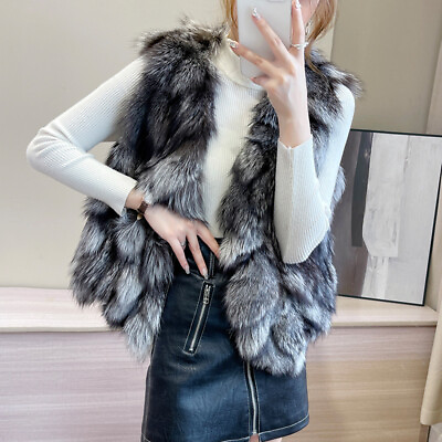 #ad Winter Fox Fur Vest Women#x27;s Genuine Silver Fox Fur Gilet Short Coat Waistcoats $113.49