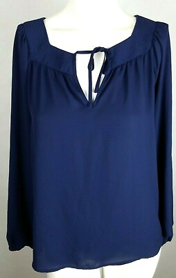 #ad EXPRESS Women#x27;s Blouse Small Blue Long Sleeve Tie Neck Keyhole $11.99