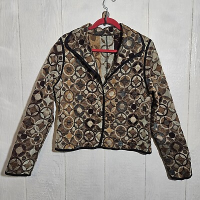 #ad Tapestry Reversible Blazer Jacket Womens L Red Brown Green Brocade Geometric $24.99