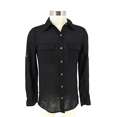 #ad Calvin Klein Shirt Linen Black Long Sleeve Button Up Collared Top Womens XS $24.95
