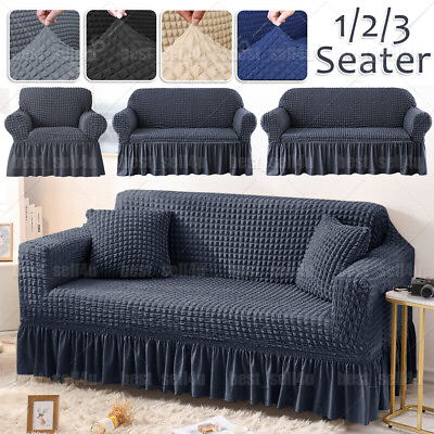 #ad 3D Bubble Lattice Stretch Sofa Covers w Skirt Couch Loveseat Protector Slipcover $4.99