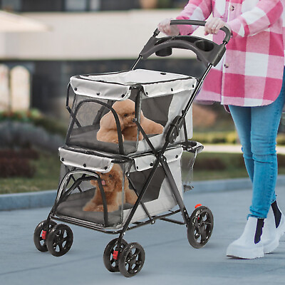 LUCKYERMORE Double Pet Dog Stroller Cat 4 Wheels Foldable Carrier Cage Travel $109.99