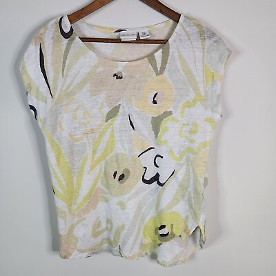 #ad Rachel Zoe Womens 100% Linen Floral Asymmetrical Short Sleeve Blouse Size Medium $22.94