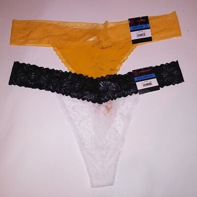 #ad Set of 2 No Boundaries Panty XXXL 3X 21 Thong Black White Yellow Lace Trim New $14.99