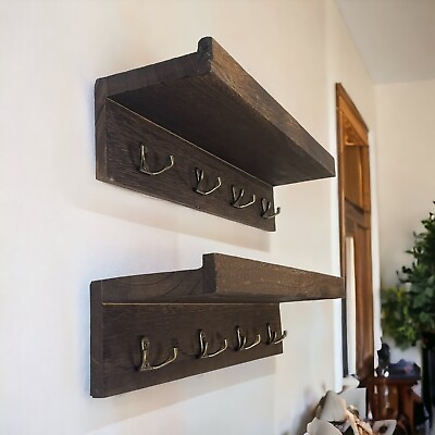 #ad 2 PCs Wood wall Shelf key hook Wall Mounted Hanging Shelves Key Holder $12.98