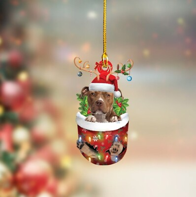 #ad Holiday Pitbull Dog In Snow Pocket Christmas Ornament Acrylic Hanging $12.99