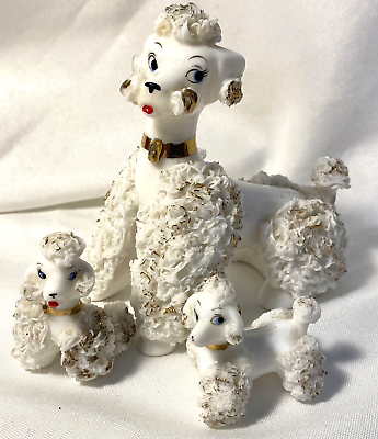 #ad Vintage Lefton White Spaghetti Poodle Dog 50s Figurines Mom Puppies Japan $39.95