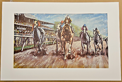 #ad #ad Beautiful Horse Races Painting Gouache On Paper 24x36quot; circa 1965 1985 Unframed $101.99