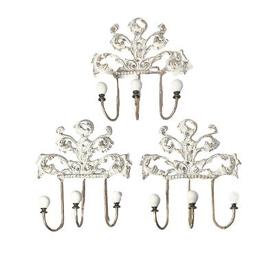 #ad Set of 3 White amp; Gold Cast Iron French Chateau Crown 3 Ball Wall Hook Decor 8” $39.99