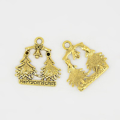 4 Merry Christmas Charms Merry Tree Pendants Antiqued Gold Holiday Findings $3.85