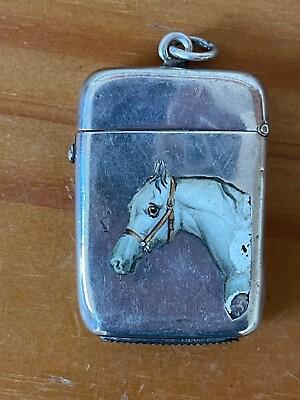 #ad Antique Victorian 1883 Birmingham Sterling Silver Vesta Case w Enamel Horse 29g $266.00