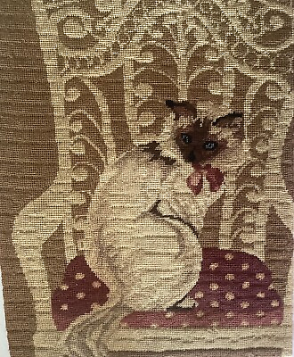 #ad Cat Needlework Tapestry 1980s Siamese 14” x 18” Mounted Handmade Cottage Boho $68.00