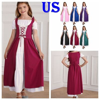 #ad US Girls Kids Vintage Medieval Fairy Costume Renaissance Princess Long Dress $19.37