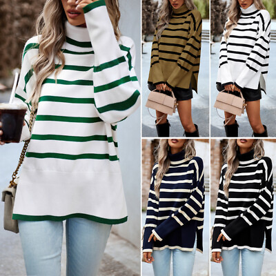 #ad Women Striped Knitted Sweater Top Pullover Jumper Turtleneck Split Hem Tunic $43.80