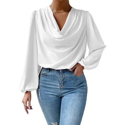 #ad Chiffon Long Sleeve Shirt Loose Draped V Neck Top Tee Women#x27;s Wear $25.89