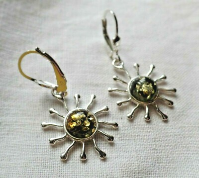 #ad Medium Sterling Silver and Green Amber Shining Sun Earrings Taurus Birthstone GBP 19.00