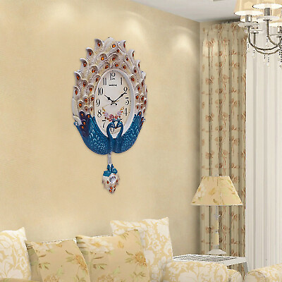 #ad Luxury Large Wall Clock Peacock Wall Watch Living Room Home Decor Retro European $34.91