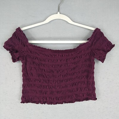 #ad Aeropostale Crop Top Womens XL Burgundy Off The Shoulder Stretchy Smocked Sexy $12.48