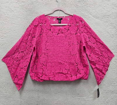 #ad Alfani Women Top Large Pink Cotton Blend Flared Sleeve Floral Lace Blouse Fit $27.99